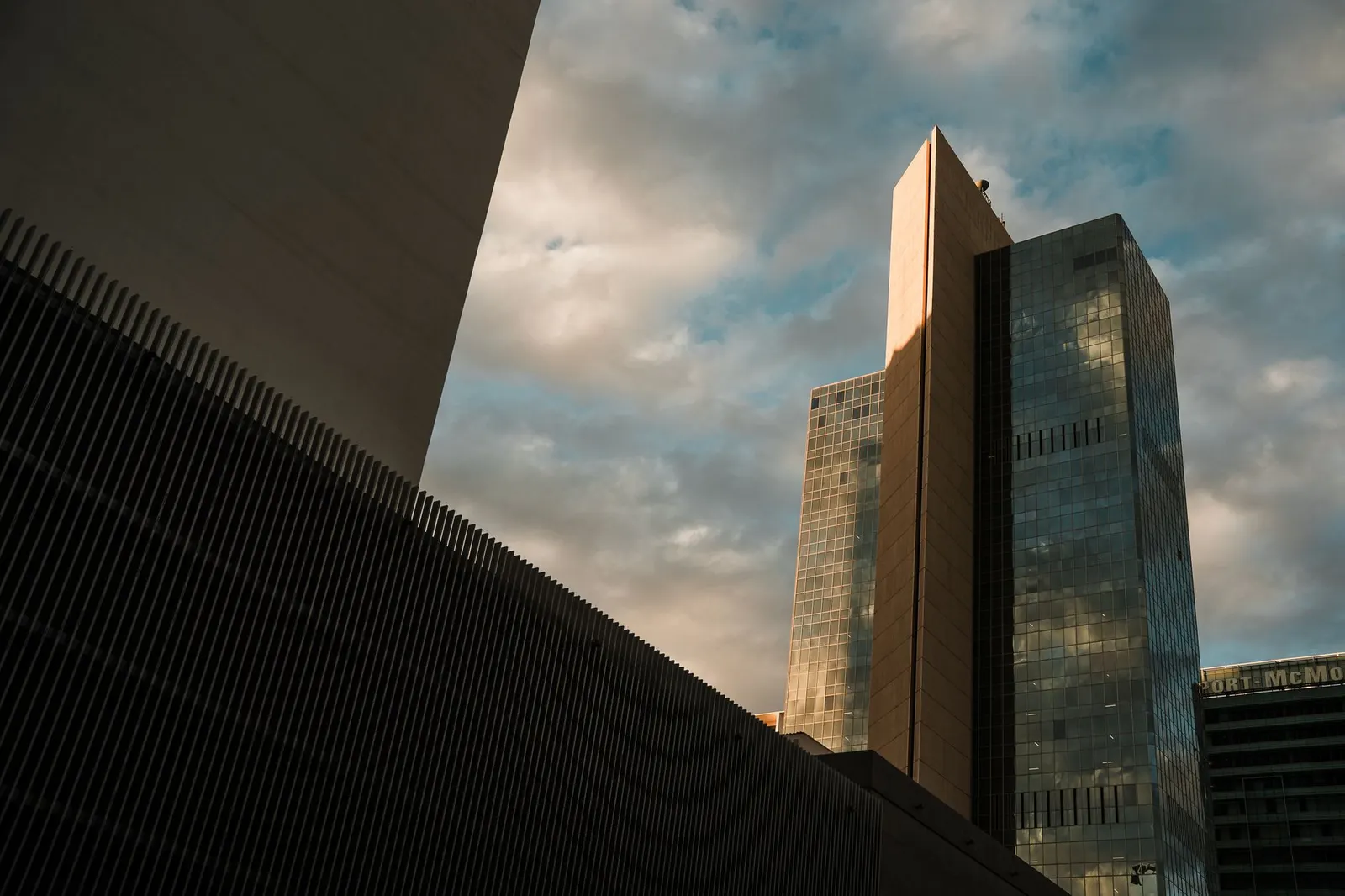 Downtown Phoenix office buildings against desert mountains