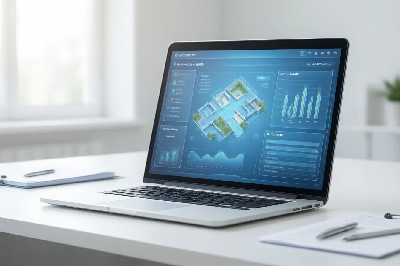 Illustration: a laptop showing an occupancy dashboard with a floor plan and charts