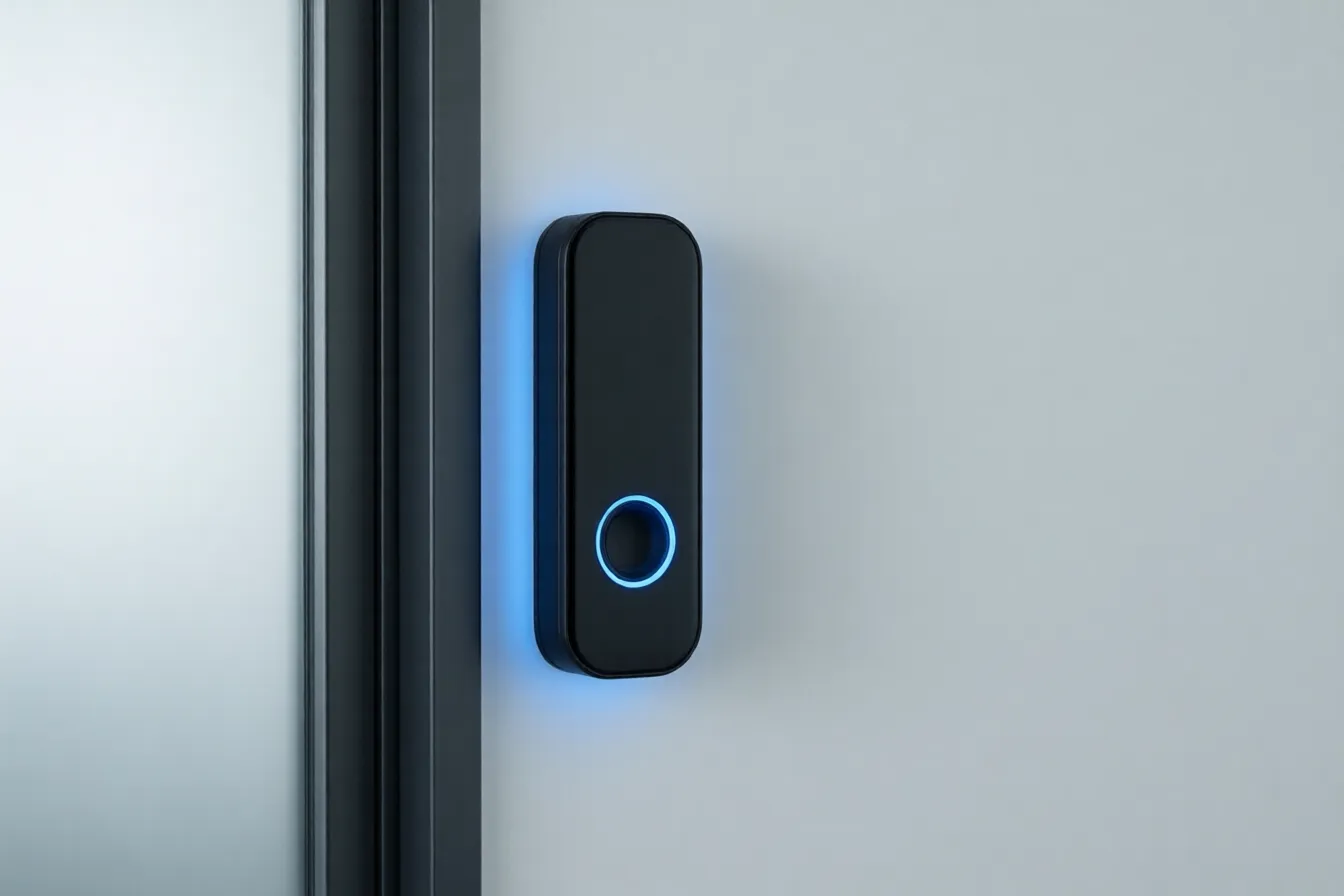 Illustration: a slim wall-mounted door node with a glowing status ring beside an office door