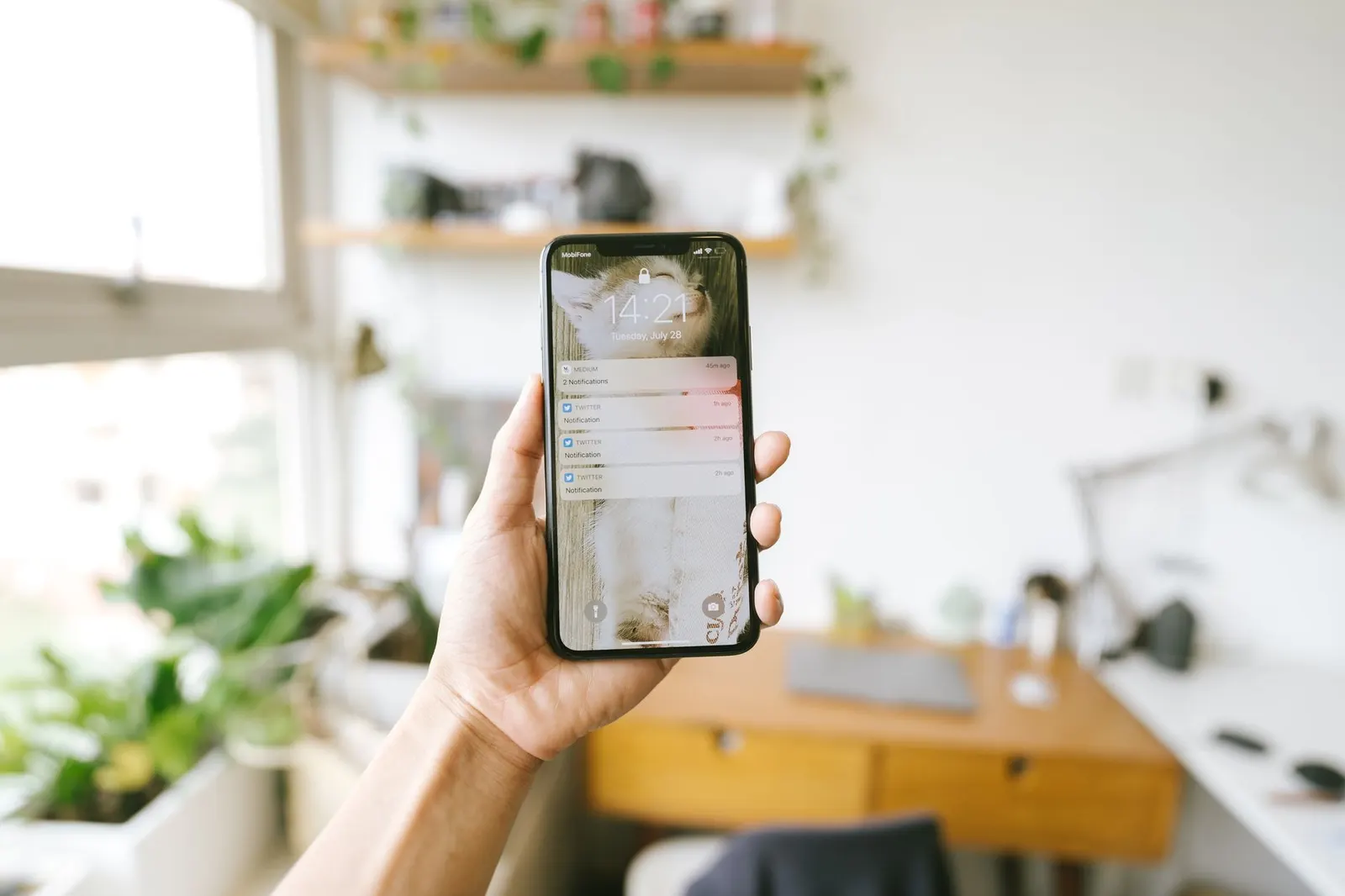 A hand holding a smartphone in a small, bright office